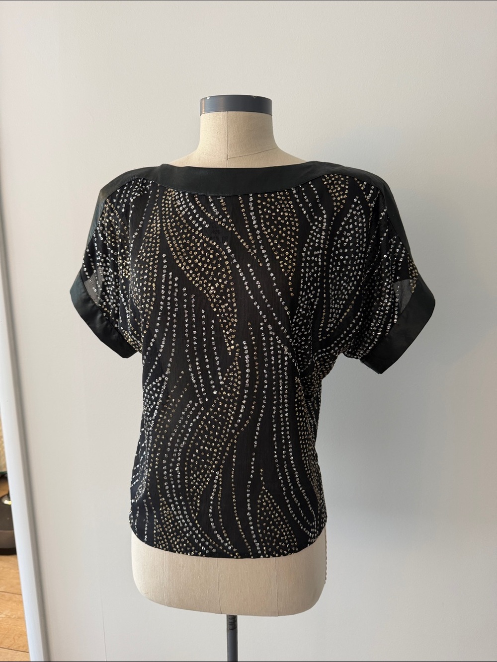 Fortina Vintage Black Short-Sleeve Silver Embellished Blouse. Made in the USA